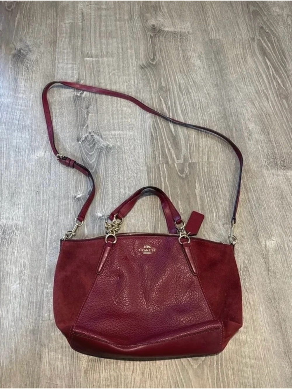 Coach Burgundy Leather and Suede Crossbody Satchel